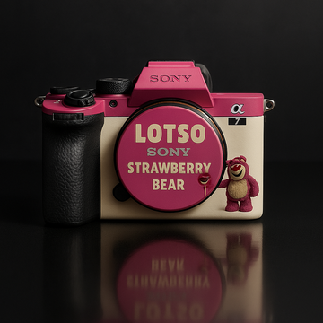 Strawberry Bear Camera Sticker - Pink & White Cute Plushie Design for DSLR