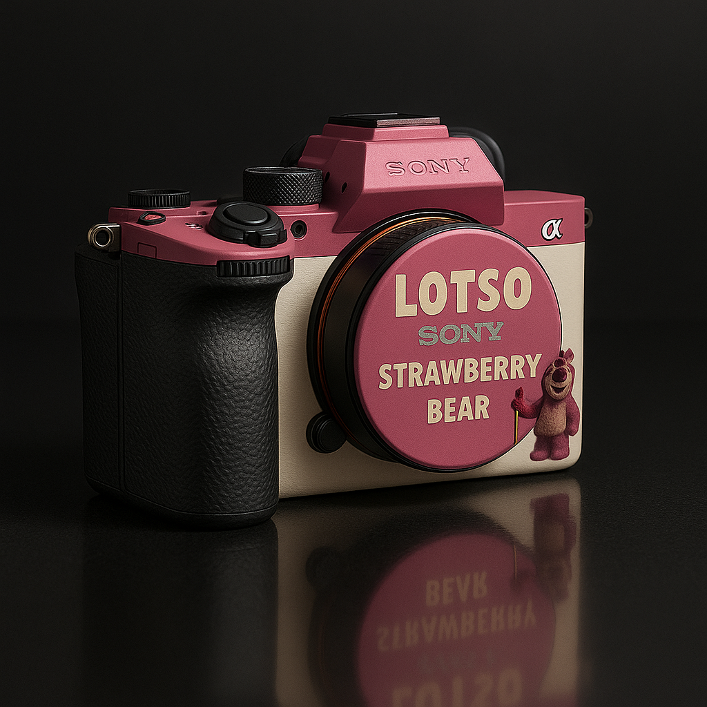 Strawberry Bear Camera Sticker - Pink & White Cute Plushie Design for DSLR